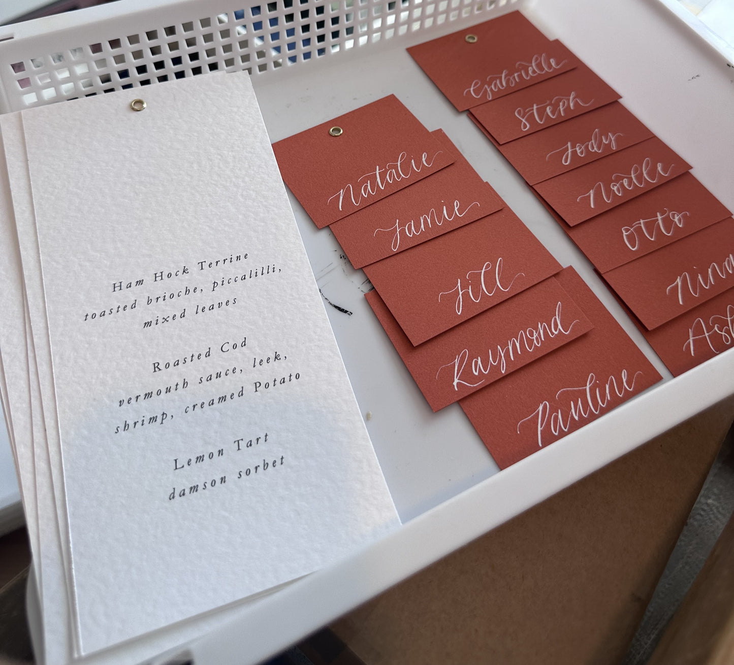HAMMERED DIY Add Own Ribbon Place Card Printed Calligraphy Menu Chiffon Ribbon | Custom Printed Calligraphy Wedding Menu Card | Gold or Silver Eyelet