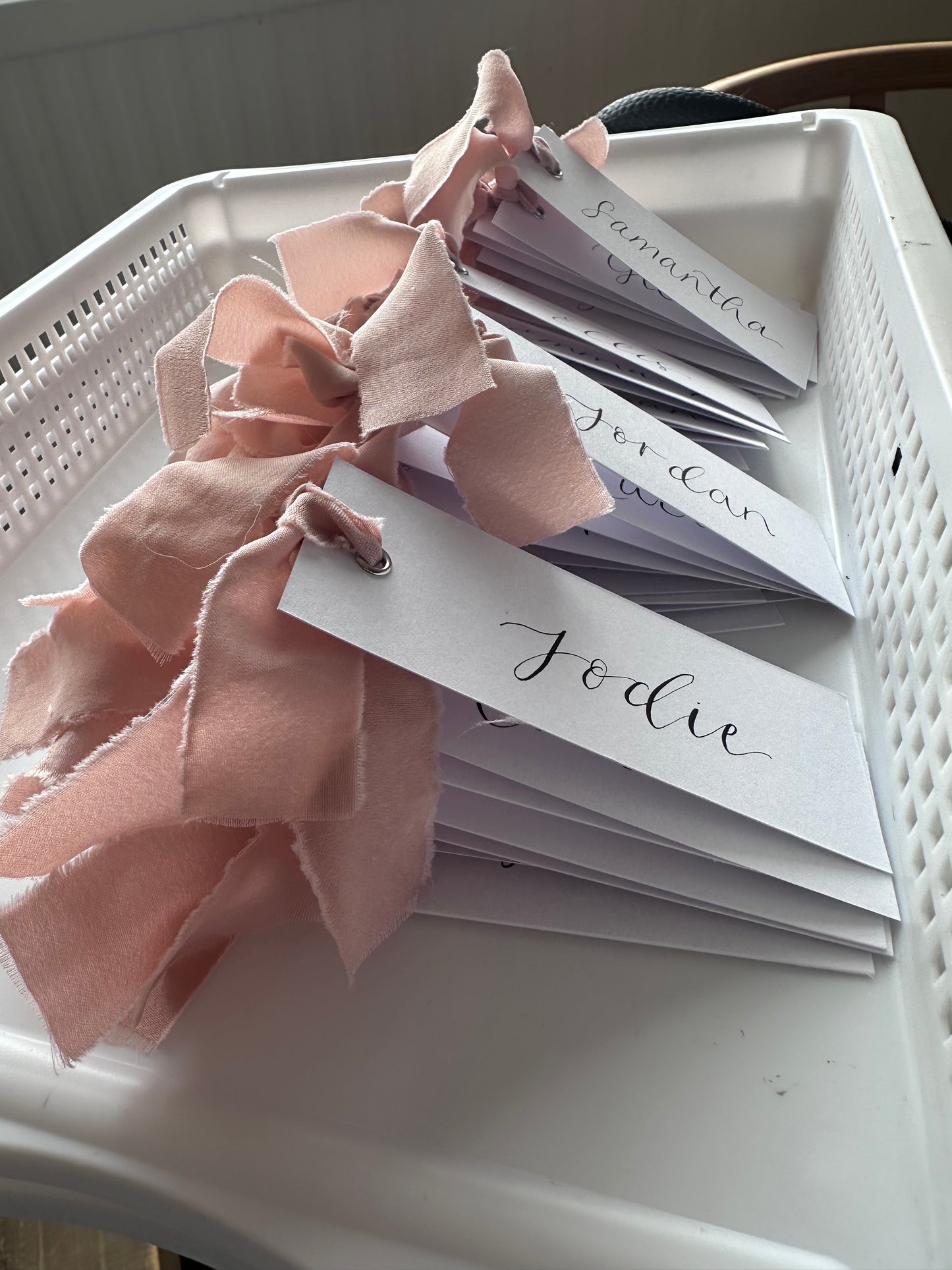 BLUSH Chiffon Ribbon Calligraphy Place Name Card | White Calligraphy Wedding Place Name Card | Gold or Silver Eyelet