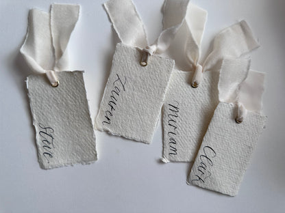 HANDMADE PAPER Place Card Chiffon Ribbon | Calligraphy Wedding Place Name Card | Gold or Silver Eyelet