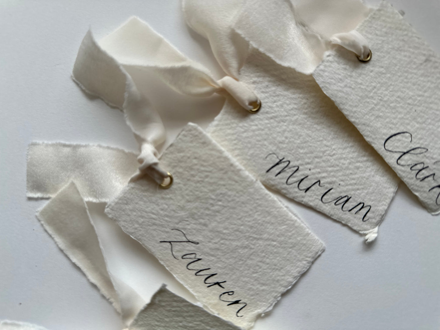 Handmade Paper Place Card Chiffon Ribbon | Calligraphy Wedding Place Name Card | Gold or Silver Eyelet