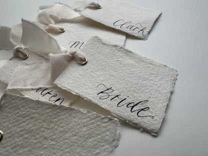 HANDMADE PAPER Place Card Chiffon Ribbon | Calligraphy Wedding Place Name Card | Gold or Silver Eyelet