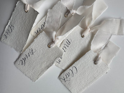 HANDMADE PAPER Place Card Chiffon Ribbon | Calligraphy Wedding Place Name Card | Gold or Silver Eyelet
