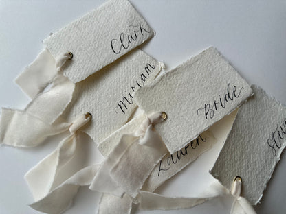 HANDMADE PAPER Place Card Chiffon Ribbon | Calligraphy Wedding Place Name Card | Gold or Silver Eyelet
