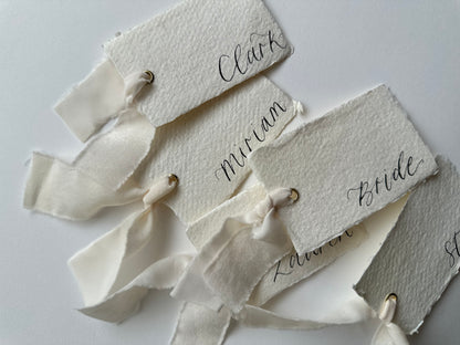 HANDMADE PAPER Place Card Chiffon Ribbon | Calligraphy Wedding Place Name Card | Gold or Silver Eyelet