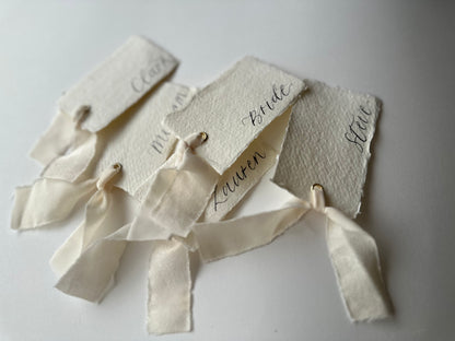 HANDMADE PAPER Place Card Chiffon Ribbon | Calligraphy Wedding Place Name Card | Gold or Silver Eyelet