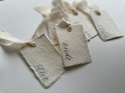 HANDMADE PAPER Place Card Chiffon Ribbon | Calligraphy Wedding Place Name Card | Gold or Silver Eyelet