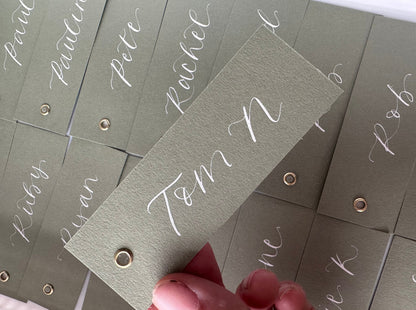 Calligraphy Wedding Place Name Card | Matte Coloured Card with Hand Written Calligraphy optional gold or silver eyelet