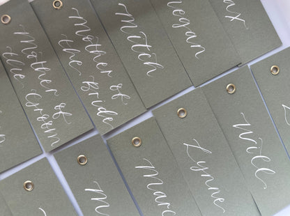 Calligraphy Wedding Place Name Card | Matte Coloured Card with Hand Written Calligraphy optional gold or silver eyelet