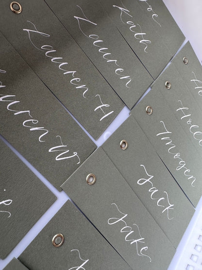 Calligraphy Wedding Place Name Card | Matte Coloured Card with Hand Written Calligraphy optional gold or silver eyelet