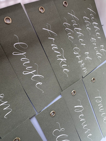 Calligraphy Wedding Place Name Card | Matte Coloured Card with Hand Written Calligraphy optional gold or silver eyelet