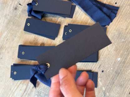 25 BLANK Navy Chiffon Ribbon Place Card with Eyelet | DIY Wedding Dinner Party Place Card, Write Your Own Place Setting | Navy Wedding Blue Boy Baby Shower