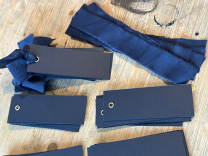 25 BLANK Navy Chiffon Ribbon Place Card with Eyelet | DIY Wedding Dinner Party Place Card, Write Your Own Place Setting | Navy Wedding Blue Boy Baby Shower
