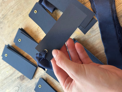 25 BLANK Navy Chiffon Ribbon Place Card with Eyelet | DIY Wedding Dinner Party Place Card, Write Your Own Place Setting | Navy Wedding Blue Boy Baby Shower