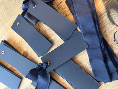 25 BLANK Navy Chiffon Ribbon Place Card with Eyelet | DIY Wedding Dinner Party Place Card, Write Your Own Place Setting | Navy Wedding Blue Boy Baby Shower
