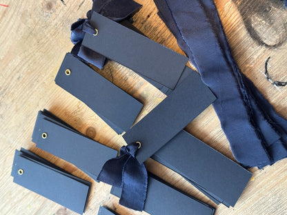 25 BLANK Navy Chiffon Ribbon Place Card with Eyelet | DIY Wedding Dinner Party Place Card, Write Your Own Place Setting | Navy Wedding Blue Boy Baby Shower
