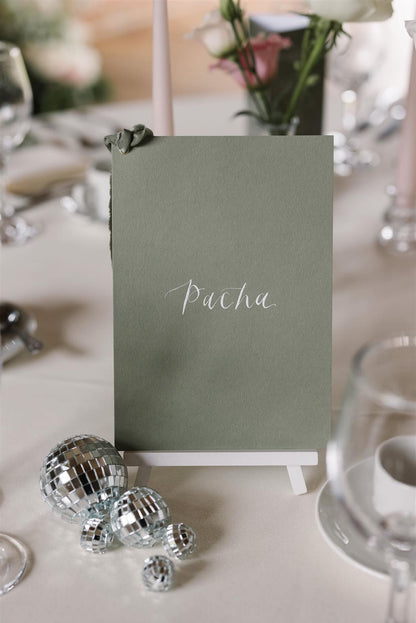 Ribbon Calligraphy Table Number / Table Name Card | A5 A6 Calligraphy Wedding Table Number / Table Name Card | Gold or Silver Eyelet