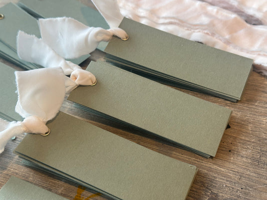 25 BLANK Eucalyptus Champagne Ribbon Place Card with Eyelet | DIY Wedding Dinner Party Place Card, Write Your Own Place Setting