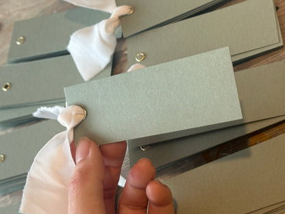 25 BLANK Eucalyptus Champagne Ribbon Place Card with Eyelet | DIY Wedding Dinner Party Place Card, Write Your Own Place Setting