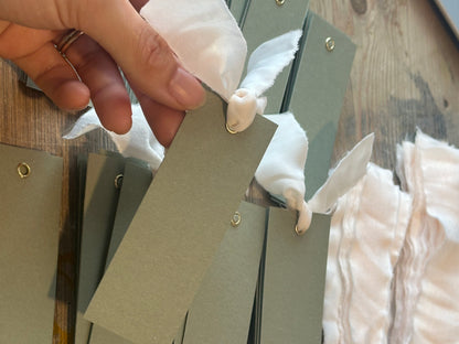 25 BLANK Eucalyptus Champagne Ribbon Place Card with Eyelet | DIY Wedding Dinner Party Place Card, Write Your Own Place Setting