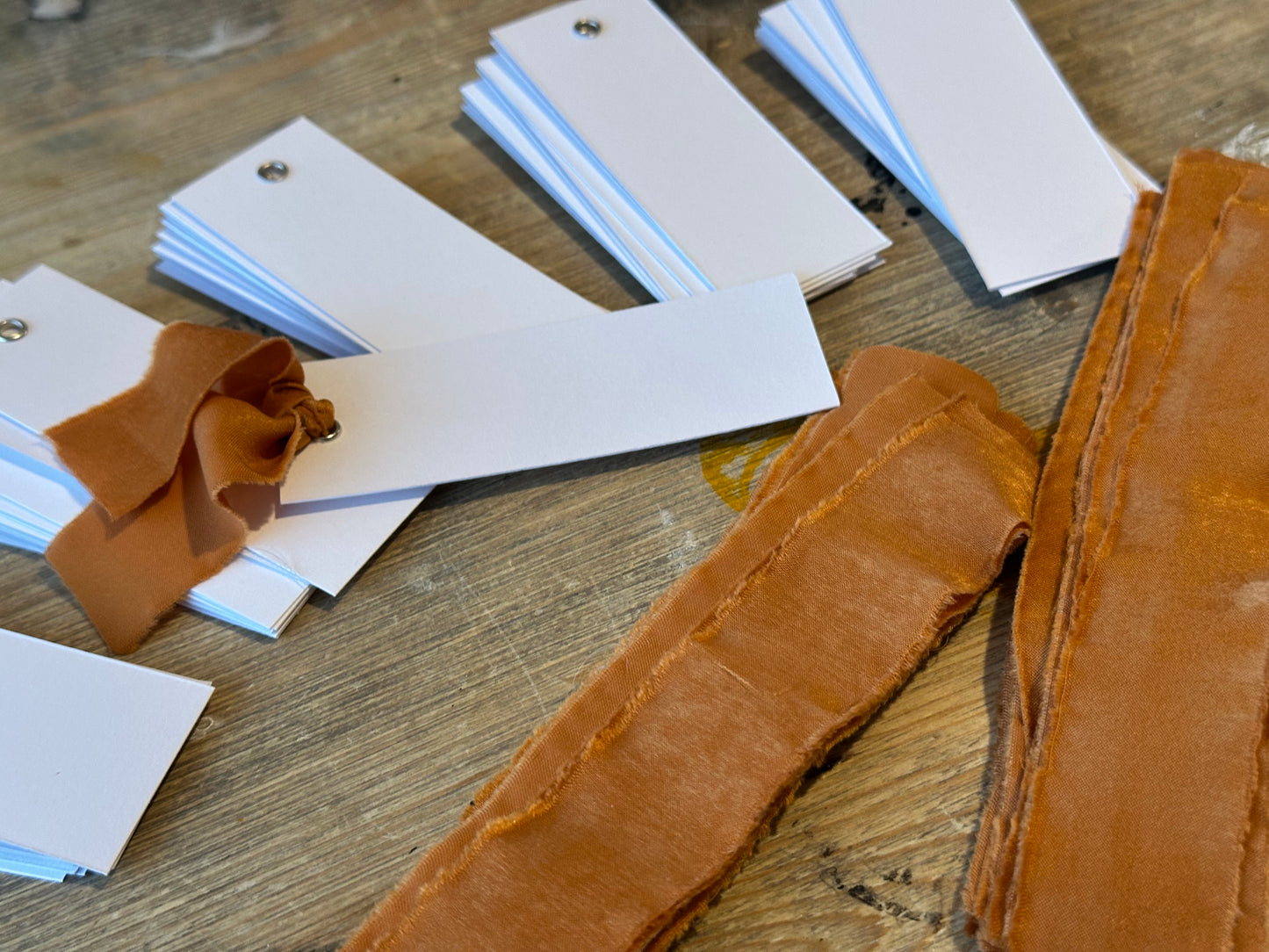 25 BLANK Ochre Chiffon Ribbon Place Card with Eyelet | DIY Wedding Dinner Party Place Card, Write Your Own Place Setting