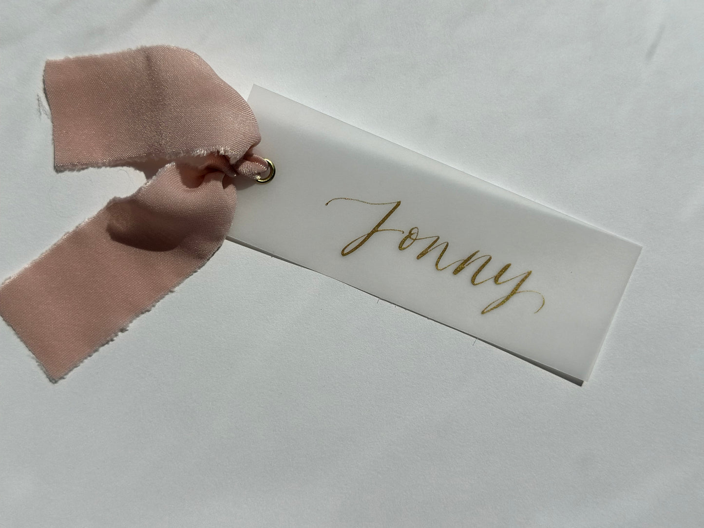 Vellum with Chiffon or Satin RIbbon | Calligraphy Wedding Place Name Card | Gold or Silver Eyelet