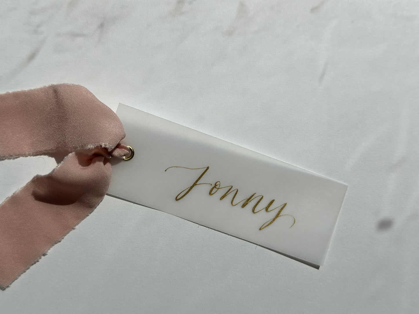Vellum with Chiffon or Satin RIbbon | Calligraphy Wedding Place Name Card | Gold or Silver Eyelet