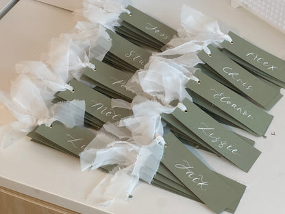 EUCALYPTUS + WHITE Organza Ribbon Calligraphy Place Name Card | Calligraphy Wedding Place Name Card | Gold or Silver Eyelet