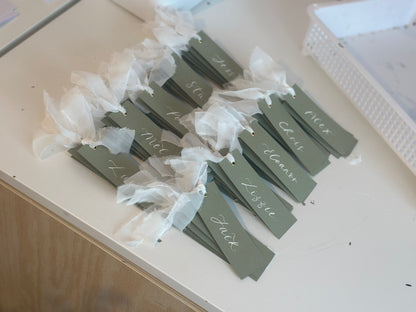 EUCALYPTUS + WHITE Organza Ribbon Calligraphy Place Name Card | Calligraphy Wedding Place Name Card | Gold or Silver Eyelet