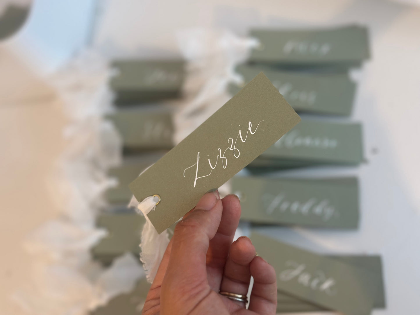 EUCALYPTUS + WHITE Organza Ribbon Calligraphy Place Name Card | Calligraphy Wedding Place Name Card | Gold or Silver Eyelet