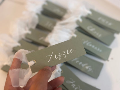 EUCALYPTUS + WHITE Organza Ribbon Calligraphy Place Name Card | Calligraphy Wedding Place Name Card | Gold or Silver Eyelet