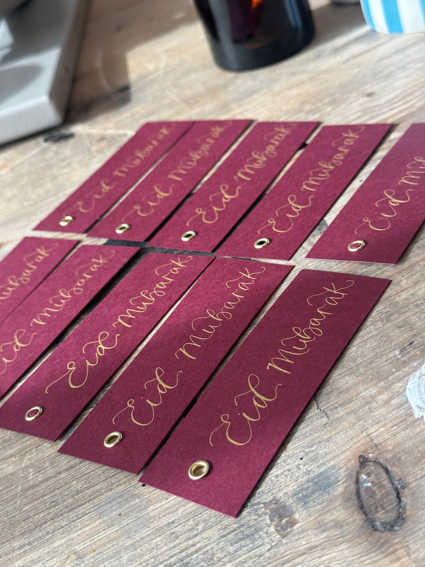 5 PACK Eid Mubarak Calligraphy Ribbon Gift Tag: Eid al-Fitr Celebration, Ramadan, Dinner, Party, Place Card