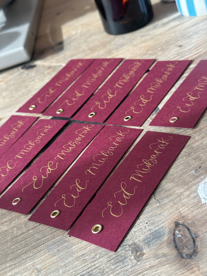 5 PACK Eid Mubarak Calligraphy Ribbon Gift Tag: Eid al-Fitr Celebration, Ramadan, Dinner, Party, Place Card