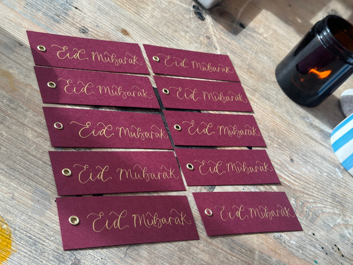 5 PACK Eid Mubarak Calligraphy Ribbon Gift Tag: Eid al-Fitr Celebration, Ramadan, Dinner, Party, Place Card
