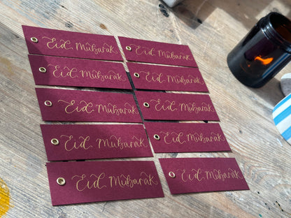 5 PACK Eid Mubarak Calligraphy Ribbon Gift Tag: Eid al-Fitr Celebration, Ramadan, Dinner, Party, Place Card