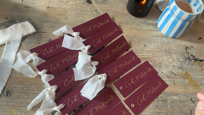 5 PACK Eid Mubarak Calligraphy Ribbon Gift Tag: Eid al-Fitr Celebration, Ramadan, Dinner, Party, Place Card