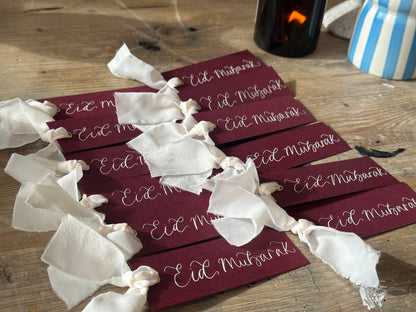 5 PACK Eid Mubarak Calligraphy Ribbon Gift Tag: Eid al-Fitr Celebration, Ramadan, Dinner, Party, Place Card