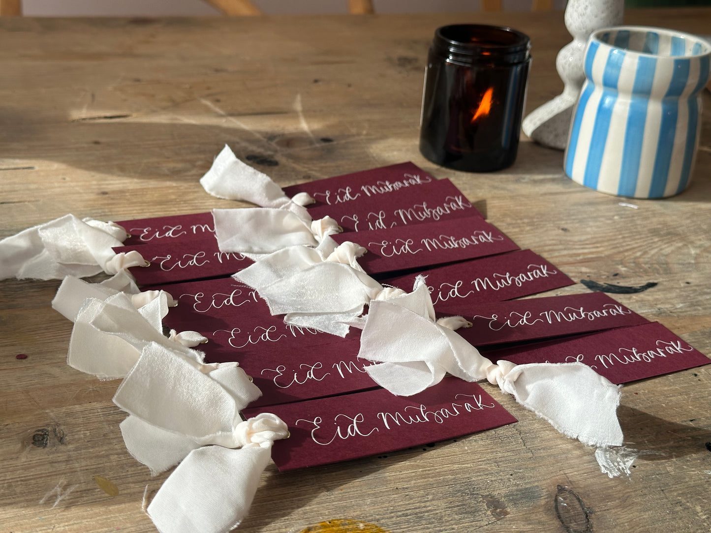 5 PACK Eid Mubarak Calligraphy Ribbon Gift Tag: Eid al-Fitr Celebration, Ramadan, Dinner, Party, Place Card