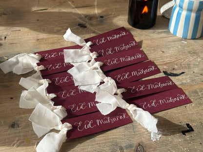 5 PACK Eid Mubarak Calligraphy Ribbon Gift Tag: Eid al-Fitr Celebration, Ramadan, Dinner, Party, Place Card