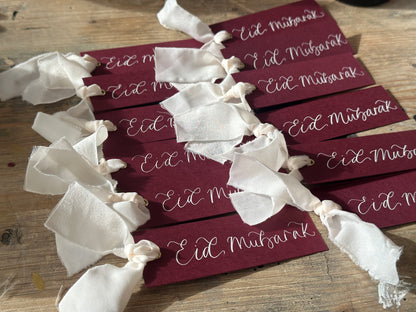 5 PACK Eid Mubarak Calligraphy Ribbon Gift Tag: Eid al-Fitr Celebration, Ramadan, Dinner, Party, Place Card
