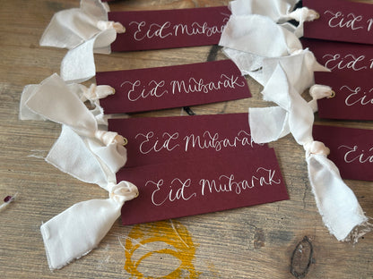 5 PACK Eid Mubarak Calligraphy Ribbon Gift Tag: Eid al-Fitr Celebration, Ramadan, Dinner, Party, Place Card