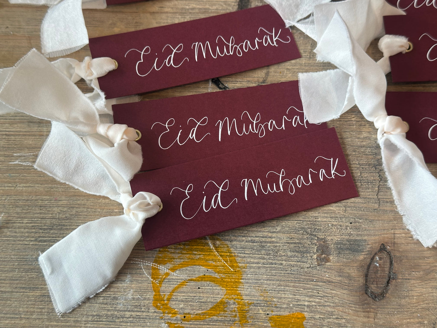 5 PACK Eid Mubarak Calligraphy Ribbon Gift Tag: Eid al-Fitr Celebration, Ramadan, Dinner, Party, Place Card