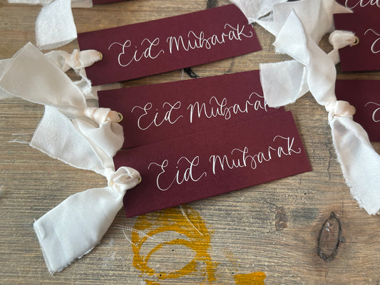 5 PACK Eid Mubarak Calligraphy Ribbon Gift Tag: Eid al-Fitr Celebration, Ramadan, Dinner, Party, Place Card