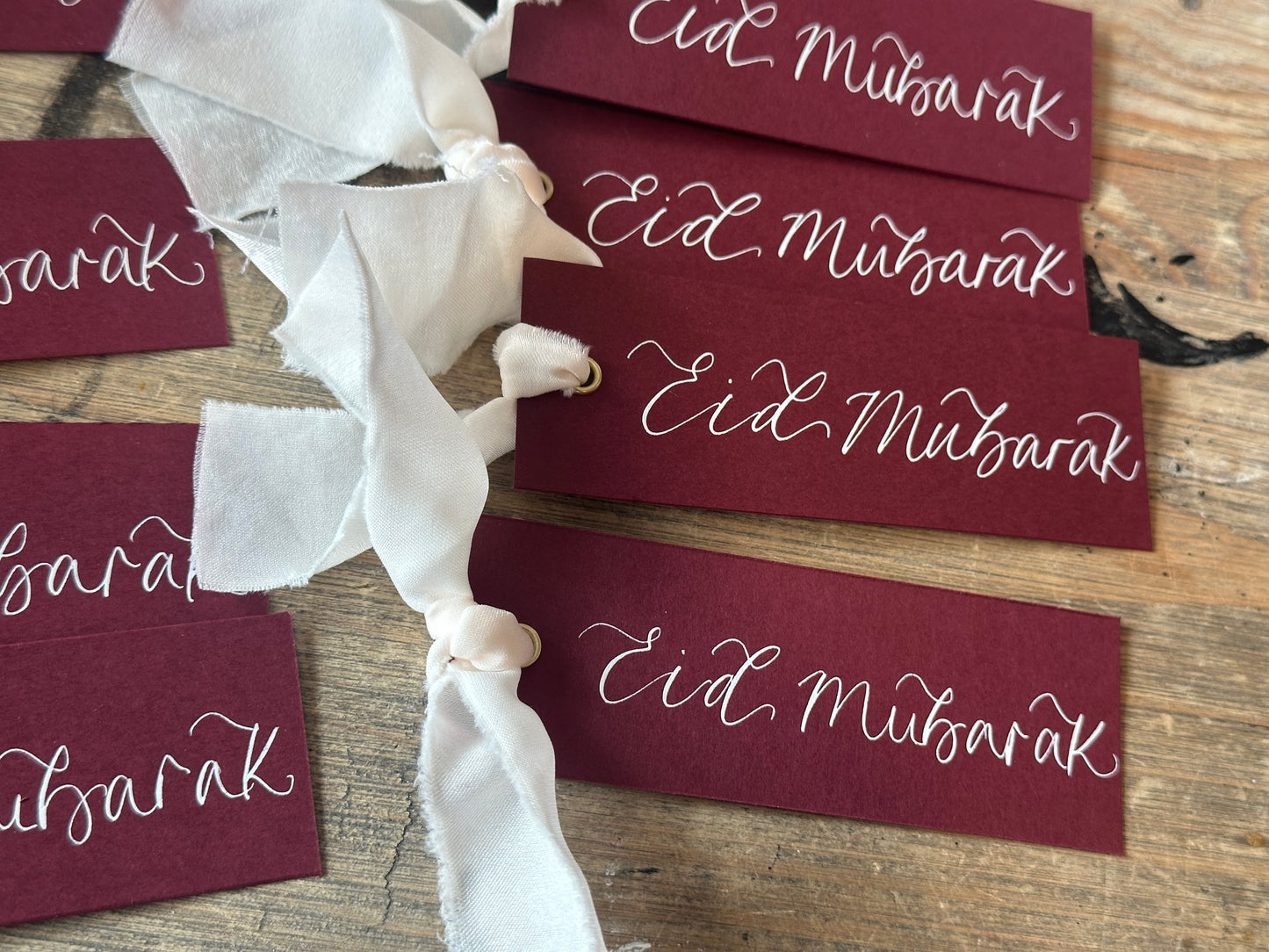 5 PACK Eid Mubarak Calligraphy Ribbon Gift Tag: Eid al-Fitr Celebration, Ramadan, Dinner, Party, Place Card
