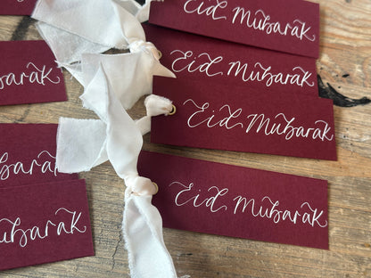 5 PACK Eid Mubarak Calligraphy Ribbon Gift Tag: Eid al-Fitr Celebration, Ramadan, Dinner, Party, Place Card