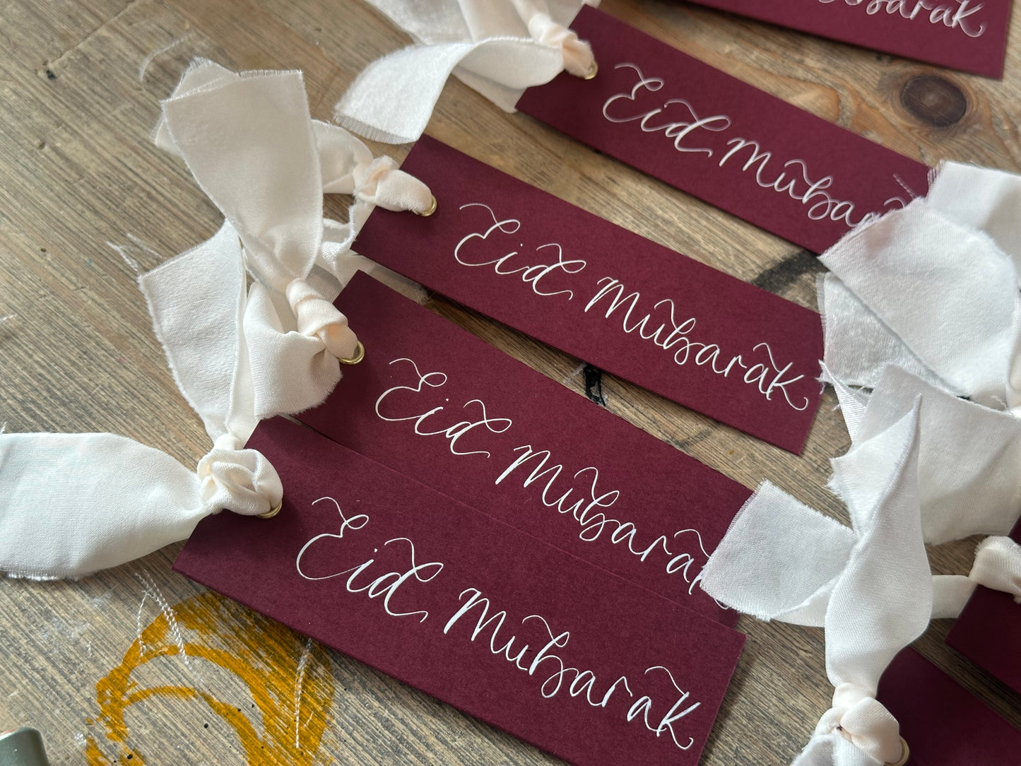 5 PACK Eid Mubarak Calligraphy Ribbon Gift Tag: Eid al-Fitr Celebration, Ramadan, Dinner, Party, Place Card