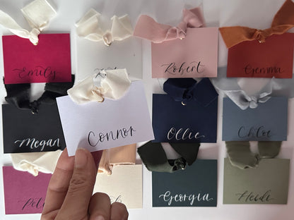 Square *ish Ribbon Place Card | Calligraphy Wedding Place Name Card | Gold or Silver Eyelet