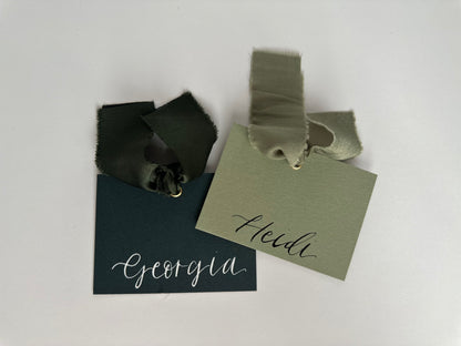 Square *ish Ribbon Place Card | Calligraphy Wedding Place Name Card | Gold or Silver Eyelet