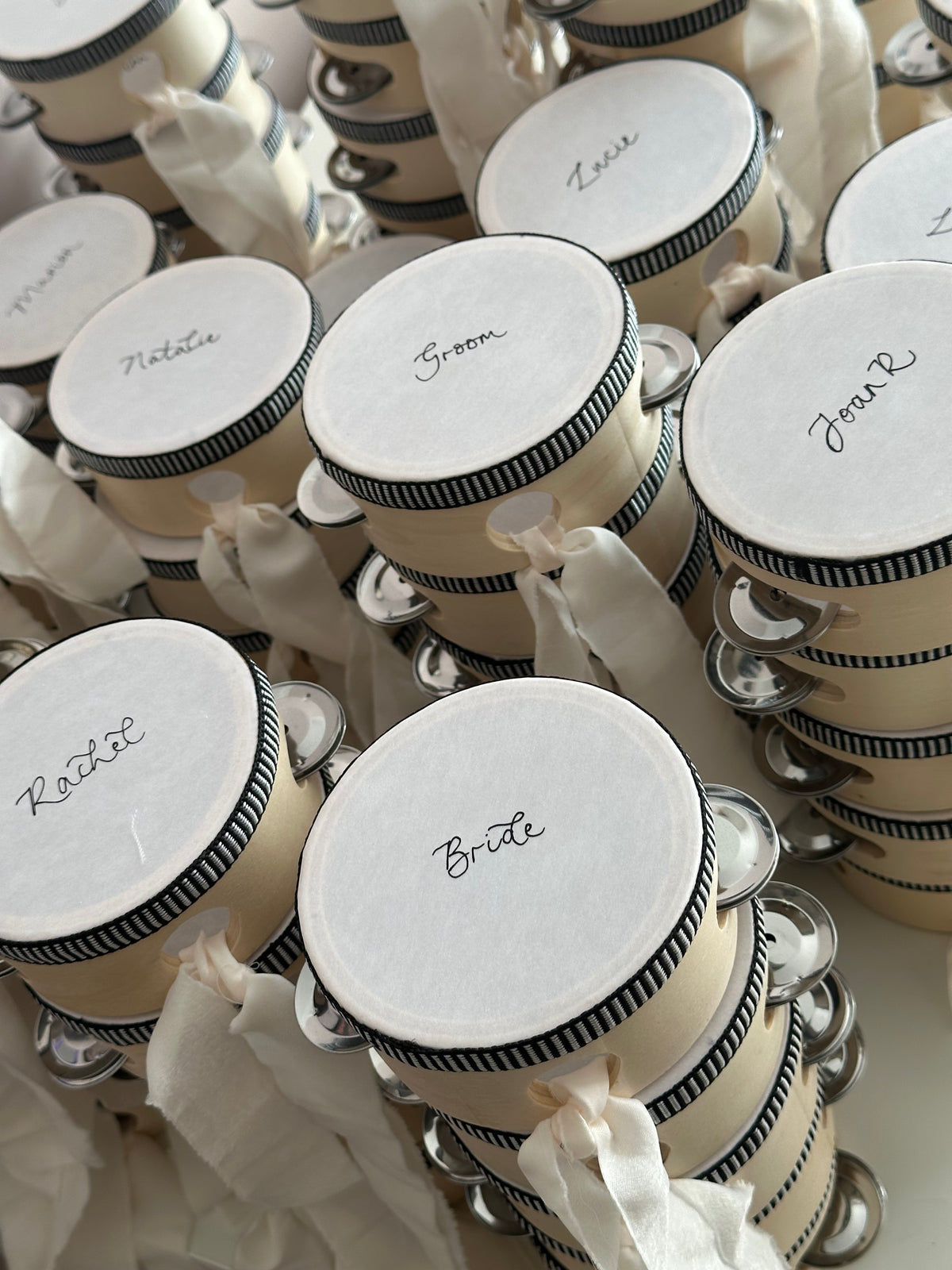 Handwritten Calligraphy Tambourine Place Cards | Personalised Wedding Tambourine Name Favour | 20% off over 100qty