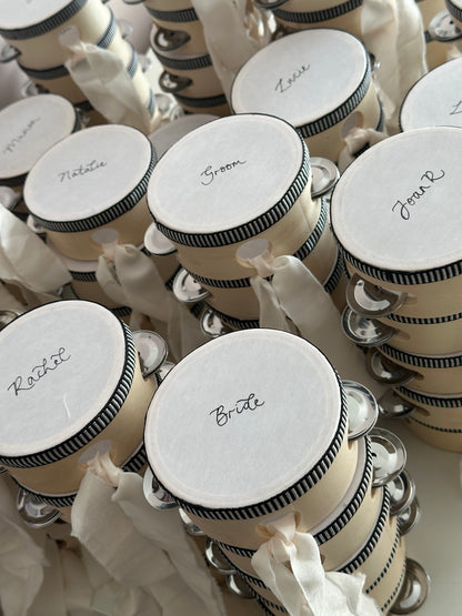 Handwritten Calligraphy Tambourine Place Cards | Personalised Wedding Tambourine Name Favour | 20% off over 100qty