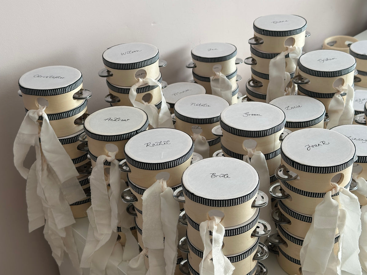 Handwritten Calligraphy Tambourine Place Cards | Personalised Wedding Tambourine Name Favour | 20% off over 100qty